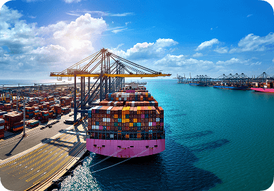 Aerial view of container ship at port