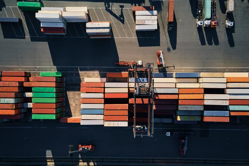 Aerial view of container ship at port