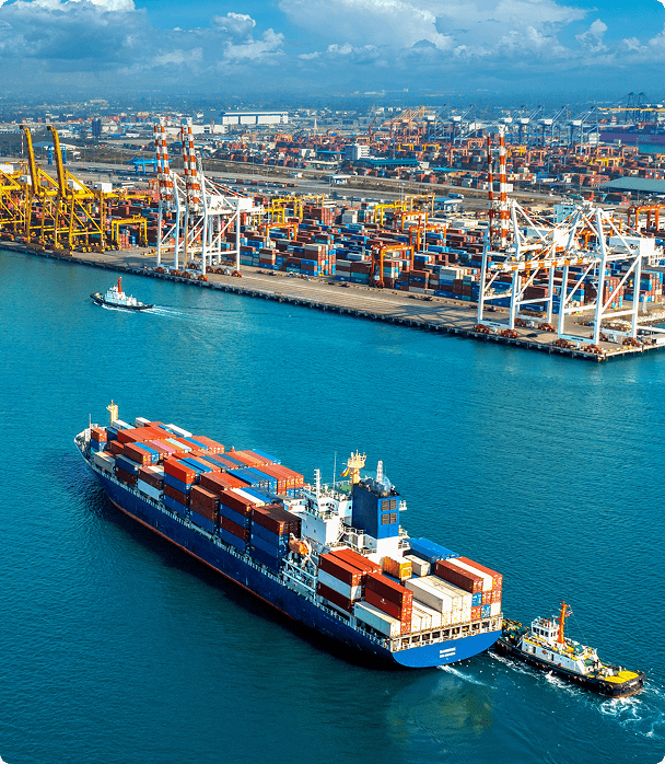 Aerial view of shipping port with container ships